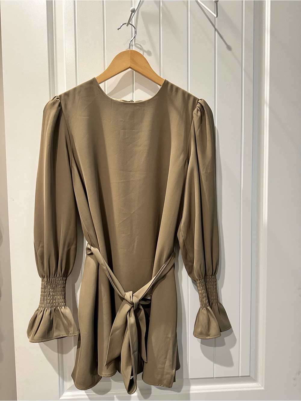 Tie-Waist Long-Sleeve Modest Blouse in Olive/Taupe from Zahraa the Label